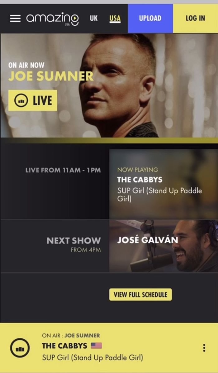 Amazing Radio screen showing The Cabbys, SUP Girl, now playing on Joe Sumner's show